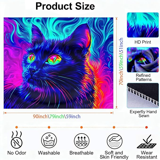 seewan Black Light Black Cat Tapestry, UV-reactive neon black cat with glowing green eyes, psychedelic abstract animal art tapestry, bedroom/dorm/living room backdrop decoration