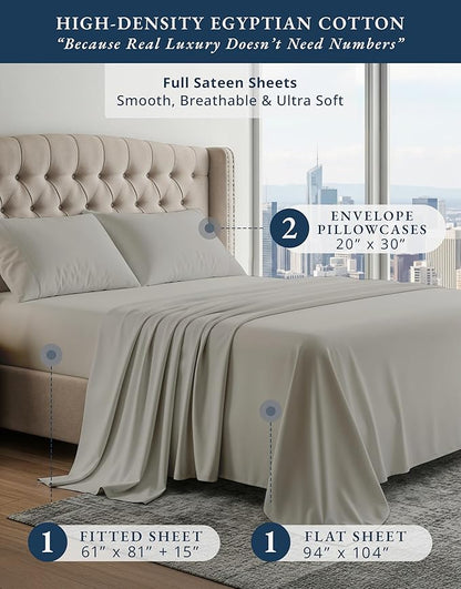 LANE LINEN 100% Egyptian Cotton Full Bed Sheets, Sustainably Produced Luxury Hotel Like Thick Full Size Sheets Set, Naturally Temperature Regulating Machine Washable Cotton Sheets - Silver