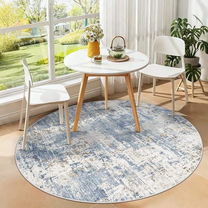 Round Rug 4ft for Bedroom, Washable Modern Abstract Circle Rug Neutral Soft Non Slip Kids Rug Stain Resistant Indoor Carpet for Living Room Nursery Playroom Dorm Girls Boys Room(Blue, 4' Round)