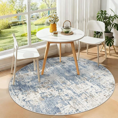 Round Rug 4ft for Bedroom, Washable Modern Abstract Circle Rug Neutral Soft Non Slip Kids Rug Stain Resistant Indoor Carpet for Living Room Nursery Playroom Dorm Girls Boys Room(Blue, 4' Round)