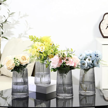 Black Glass Vases Set of 4, Small Vases for Flowers, Flower Vase for Bouquet, Modern Ribbed Glass Vase for Living Room, Bedroom, Dining Table, Office, Wedding, Centerpieces