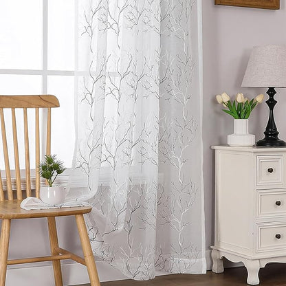 VISIONTEX White Sheer Curtains 108 inch Length 2 Panels Set Decorative Grey Coral Embroidery Rod Pocket Embroidered Semi Sheer Window Drapes for Living Room and Bedroom 54 x 108 Inches