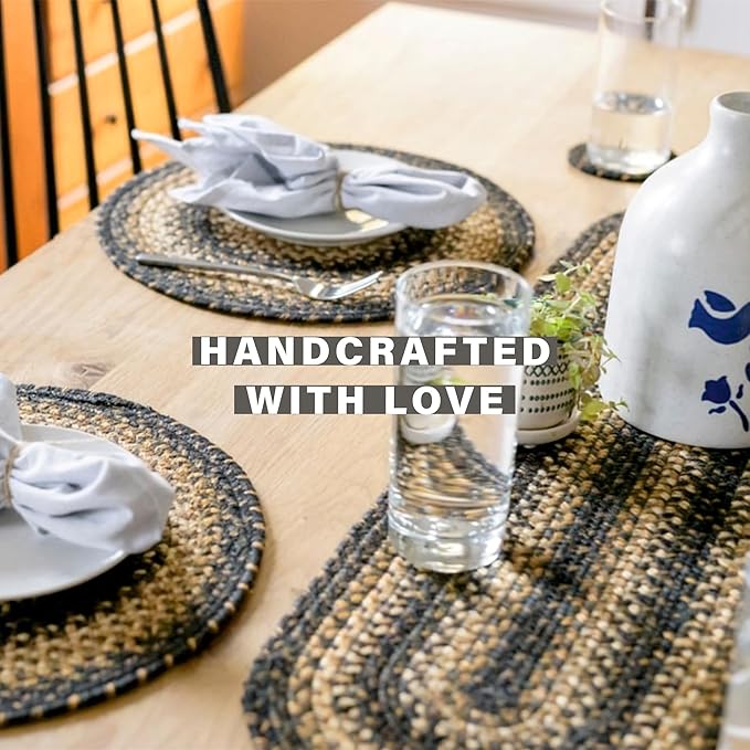 Homespice Kilimanjaro Braided Oval Table Runner, Warm Primitive Decor, Black and Brown 11x36 - Jute Dining Table Accessories - Rich Colors, Easy to Clean, Durable and Protects Furniture