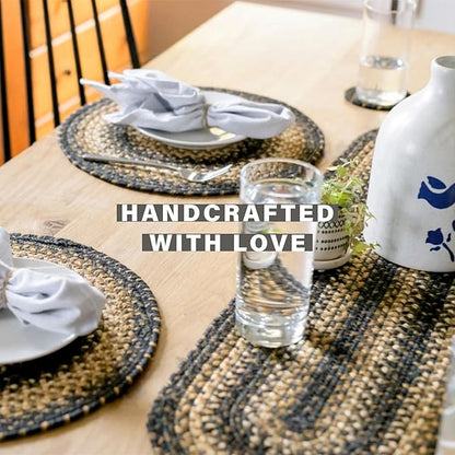 Homespice Kilimanjaro Braided Oval Table Runner, Warm Primitive Decor, Black and Brown 11x36 - Jute Dining Table Accessories - Rich Colors, Easy to Clean, Durable and Protects Furniture