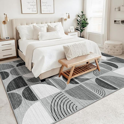 MUJOO Washable Rugs 9x12,Large Area Rugs for Living Room Bedroom Dining Room,Boho Throw Floor Carpet Non Slip Soft Modern Abstract Black and Grey