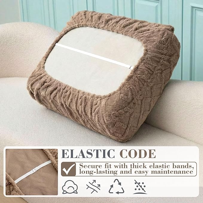 3 Pcs Jacquard Couch Cushion Covers for Sofa Stretch Plush Soft Seat Cover Washable Sofa Slip Covers with Elastic Bottom Modern Boho Furniture Protector for Sectional Slipcovers(Tan)