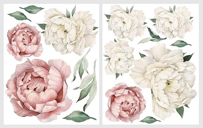 Peony Watercolor Wall Decals (Vintage Pink Watercolor) - Botanical Decor Sticker Flowers - Floral Bedroom Decals for Girls Room - Soft Flower Peonies Wall Decor Bedroom with Test Sample