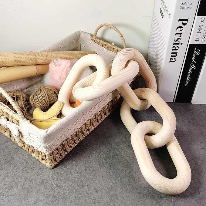 Wood Chain Link Decor, Shelf Decor Accents 5 Link Chain Boho Pine Wood Carved Modern Home Decor，for Farmhouse Living Room Bedroom Bookshelf Porch Coffee Table Decor(Wood Color)