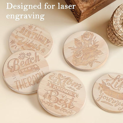 12 PCS 5 Inch Unfinished Wood Coasters, GOH DODD 4 Inch Wooden Blanks with Non-Slip Pads for Laser Engraving Wood Burning Staining Painting Decoupage Housewarming Gifts Wedding Crafts Education, Round