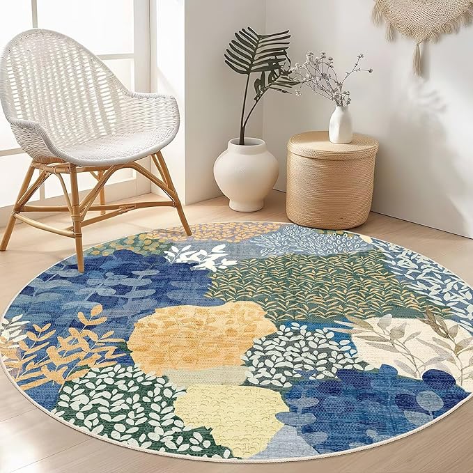 DEXDE Round Rug 4ft Washable Circle Area Rugs Non Slip Low Pile Boho Floral Small Circular Carpet for Bedroom Bathroom Entryway Kids Room Office Dining Room,Blue