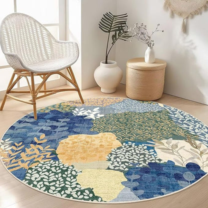 DEXDE Round Rug 4ft Washable Circle Area Rugs Non Slip Low Pile Boho Floral Small Circular Carpet for Bedroom Bathroom Entryway Kids Room Office Dining Room,Blue