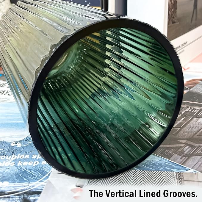 Muyan 7.5" Flower Vase for Decor Ribbed Glass Vase Modern for Centerpieces Desktop Home Office Dining Living Room Wedding (Green)