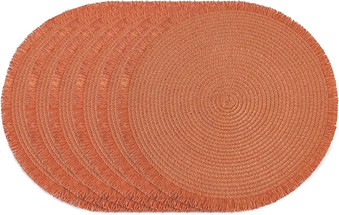 15 Inch Set of 6 Round Woven Placemats Braided Paper Heat Resistant Table Mats with Tassel Boho Indoor Outdoor Table Placemats for Dining Tables Tangerine Red