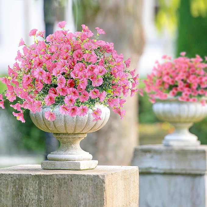 Artificial Flowers for Outdoors 12 Bundles Realistic Faux Plants UV Resistant Fake Silk Morning Glory with Eucalyptus for Front Door Planter Patio Porch Outside Spring Summer Decoration (Pink)
