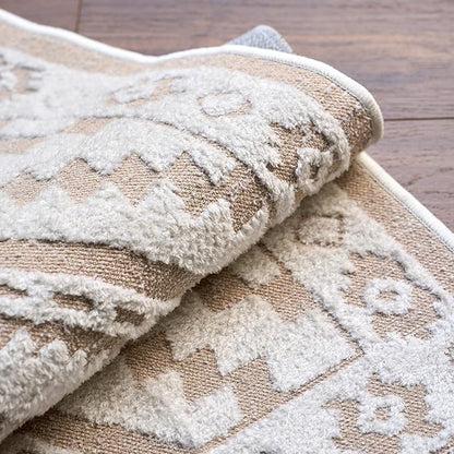 Moroccan Washable Area Rug 4x6, Geometric Decorative Woven Rug Low Pile, Non-Slip Boho Accent Farmhouse Soft Area Rug for Living Room Bedroom Laundry Nursery Kitchen, Cream/White