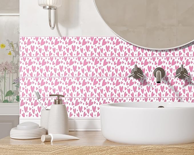 FLFK Pink Heart Wallpaper Border - Peel and Stick Wall Paper, Self Adhesive Removable PVC Borders Sticker, Modern Waterproof Trim for Home Decor, 4" x 240"