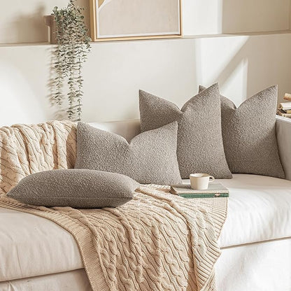 MIULEE 24x24 Decorative Euro Sham Throw Pillows for Bed Set of 2 Textured Boucle Neutral Winter Throw Pillow Covers Light Taupe Accent Solid Couch Pillowcases Sofa Livingroom Home Decor