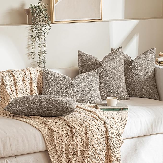 MIULEE 22x22 Inch Decorative Euro Sham Throw Pillows for Bed Set of 2 Textured Boucle Neutral Winter Throw Pillow Covers Light Taupe Accent Solid Euro Couch Pillowcases Sofa Livingroom Home Decor