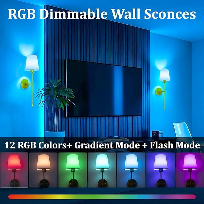 Battery Operated Wall Sconce Set of 2, 15 Colors Rechargeable Wall Lights with Dimmable Bulbs and Remote, Gold Wireless Wall Lamp for Living Room Hallway Bedroom