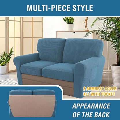H.VERSAILTEX Multi-Pieces Sofa Covers Stretch Couch Covers Form Fitted Seats and Back Cushions Covers (2 Seat Covers Plus 2 Back Cusion Covers, Bonus 2 Armrest Covers), Dusty Blue