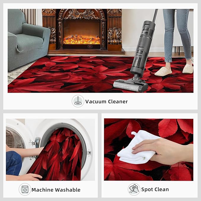 Maple Leaves Living Room Rugs, Red Leaves Area Rugs 6x8 Rug Canada Maple Leaf Non-Slip Washable Rugs Stain Resistant Rug Low-Pile Throw Rug for Bedroom Dining Room Office
