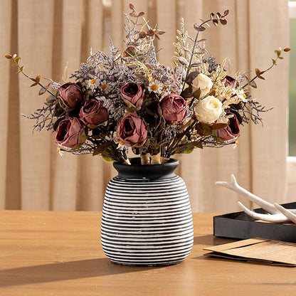 Ceramic Rustic Vase, Small Flower Farmhouse Vases Home Decor, 6“ Short Pottery Decorative Pampas Vase for Table Living Room Entryway Mantel Bookshelf Bedroom Bathroom Kitchen-Black