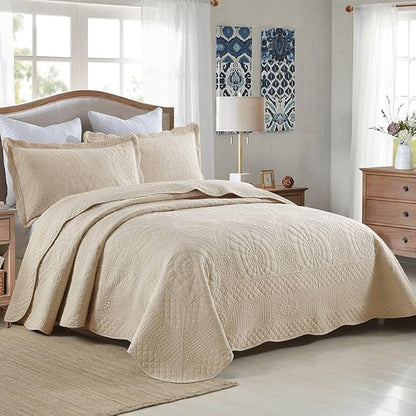 MarCielo 3-Piece 100% Cotton Oversized Bedspread Lightweight Quilt Coverlet Embroidery Farmhouse Bedding (Tf Khaki Beige, Oversized Queen (100"x106"))