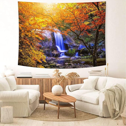 Delur Waterfall Tapestry Forest Nature Scenic Tree Mountain Sunset Tapestry Wall Hanging Natural Landscape Sunrise Headboard for Bedroom Living Room Home Decor (70.8" x 92.5")