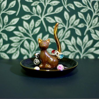 Brown Glazed Plated Gold Ceramic Elegant Engagement Wedding Cat Ring Trinket Dish