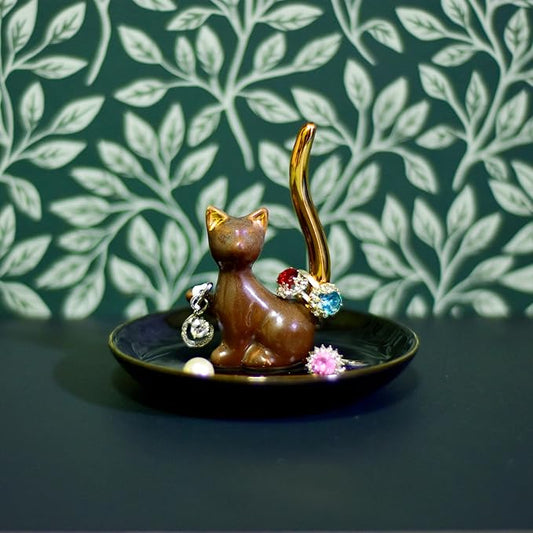 Brown Glazed Plated Gold Ceramic Elegant Engagement Wedding Cat Ring Trinket Dish