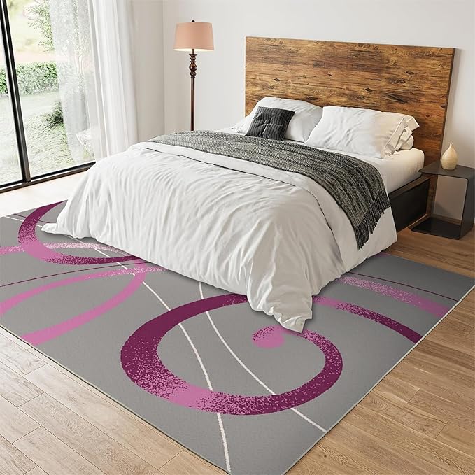 Superior Stylish Purple Circles Geometry Area Rug, Modern Abstract Grey Swirls Print Large Rugs, Machine Washable Breathable Durable Carpet for Room Sofa Living Room Mat Bedroom Decor,4 x 6ft