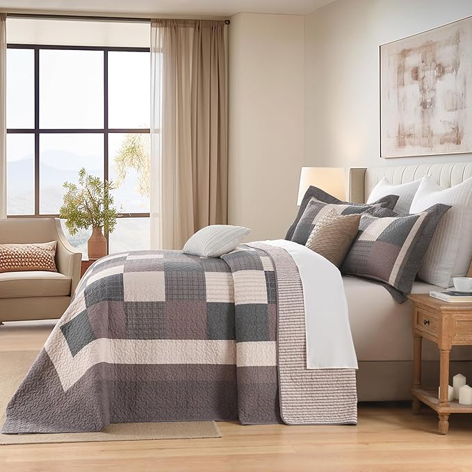 EWlinens 100% Cotton 120"x120" Oversized King Bedspread - Farmhouse Extra Large Quilts King Size, All Season Patchwork Plaid Rustic Striped Quilt Bedding Set, 3pcs, Chocolate Malt/Brown/Black/Beige