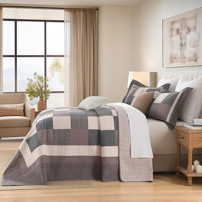 EWlinens 100% Cotton 120"x102" Oversized Queen Bedspread - Farmhouse Extra Large Quilts Queen Size, All Season Patchwork Plaid Rustic Striped Quilt Bedding Set, 3pcs, Chocolate Malt/Brown/Black/Beige