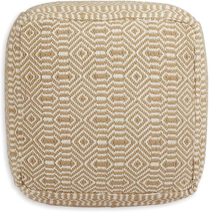 Signature Design by Ashley Adamont Casual Handwoven Geometric Pouf, Beige & White
