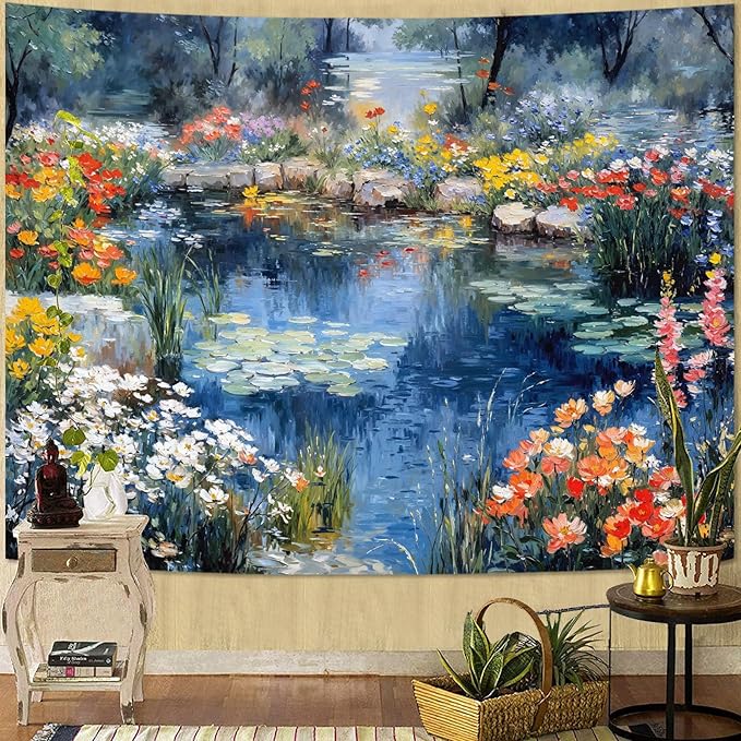 kampdream Scenery Tapestry, Colorful Flower Pond Landscape Wall Hanging, Nature Home Decor for Bedroom and Living Room Aesthetic Wall Art Decoration