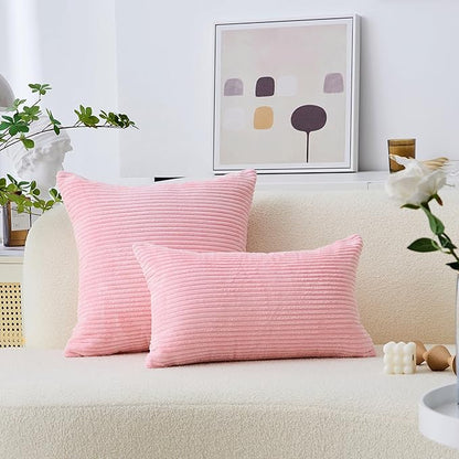 Home Brilliant Pink Euro Sham Covers for Couch Super Soft Striped Velvet Pillow Covers 24x24 Pillow Cases for Party, Set of 2, 60cm, Pink