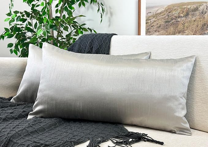Aiking Home 12x24 Inches Faux Silk Rectangular Throw Pillow Cover, Zipper Closure, Silver (Set of 2)