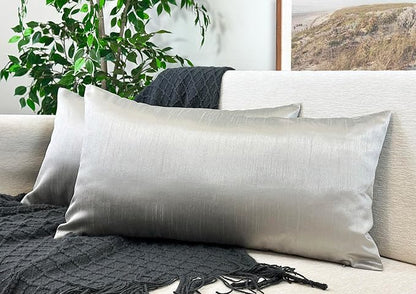 Aiking Home 12x24 Inches Faux Silk Rectangular Throw Pillow Cover, Zipper Closure, Silver (Set of 2)
