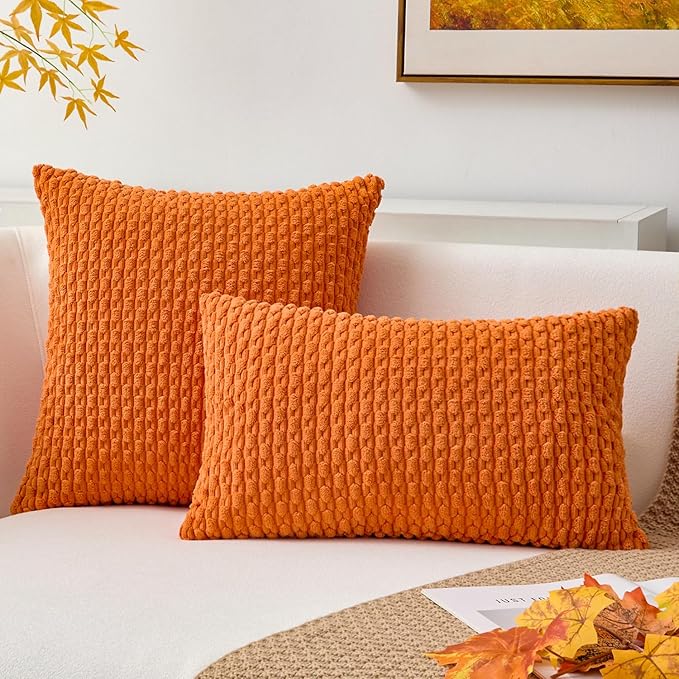 Kevin Textile Fall Pack of 2 Corduroy Decorative Throw Pillow Covers 16x16 Inch Soft Boho Striped Pillow Covers Modern Farmhouse Home Decor for Spring Sofa Living Room Couch Bed Orange