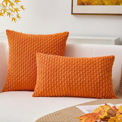 Kevin Textile Fall Pack of 2 Corduroy Decorative Throw Pillow Covers 18x18 Inch Soft Boho Striped Pillow Covers Modern Farmhouse Home Decor for Spring Sofa Living Room Couch Bed Orange