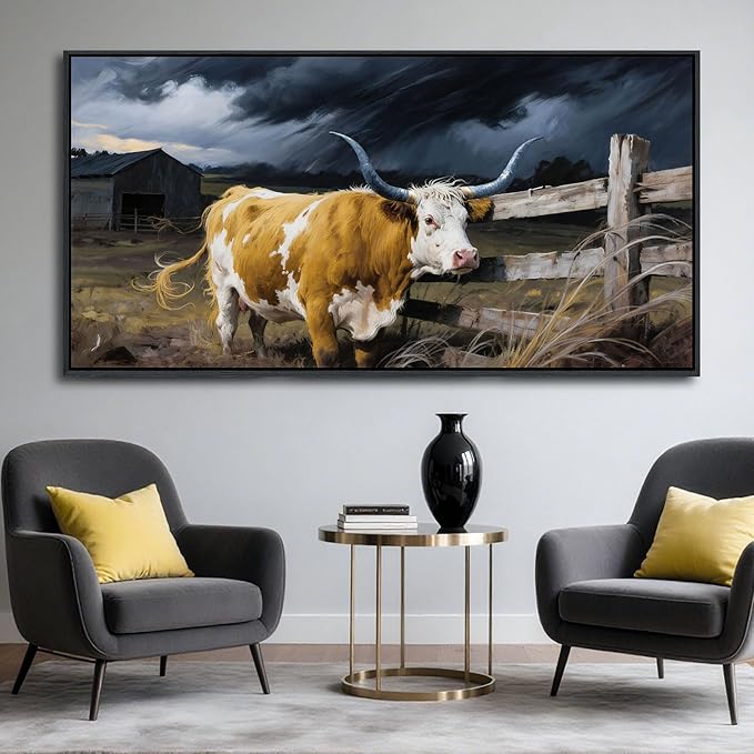 Highland Cow Wall Art - Rustic Pictures for Living Room,Framed Country Wall Decor, Vintage Artwork for Walls, Longhorn Cow wall Decor - Large Farmhouse Canvas for Bedroom 20×40IN