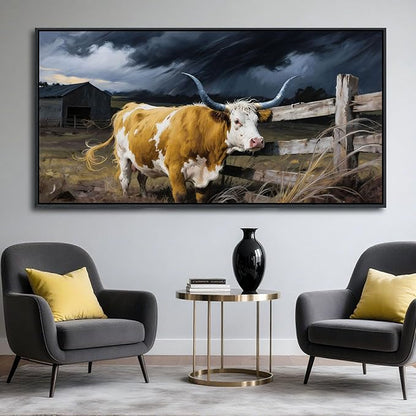 Highland Cow Wall Art - Rustic Pictures for Living Room,Framed Country Wall Decor, Vintage Artwork for Walls, Longhorn Cow wall Decor - Large Farmhouse Canvas for Bedroom 20×40IN