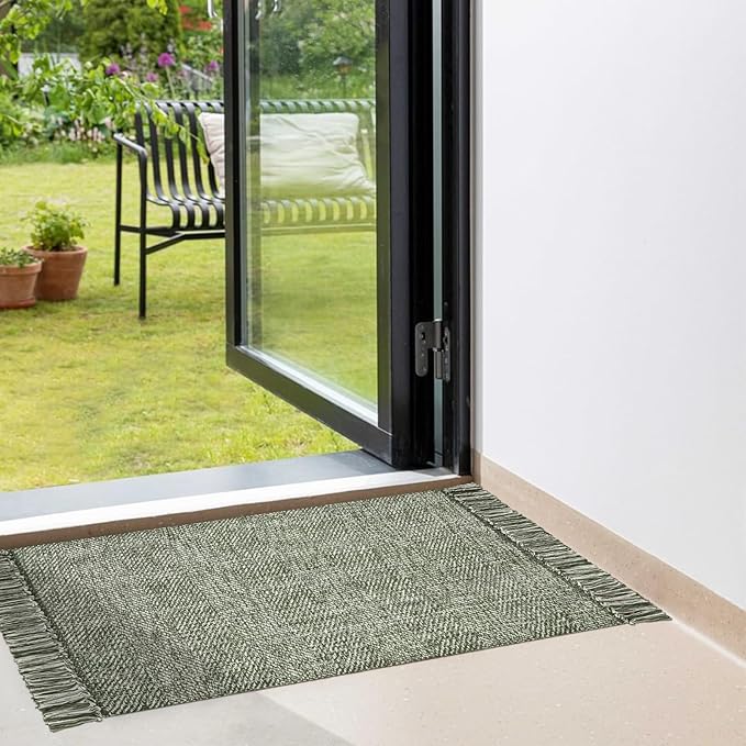 Collive Kitchen Runner Rug, 2' x 4.3' Hand-Woven Reversible Washable Rug, Olive Green/Cream Cotton Modern Farmhouse Bathroom Rug Hallway Carpet for Foyer Bedroom Entry Back Door Decor