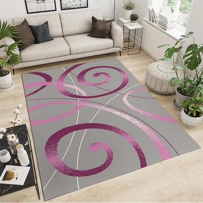 Superior Stylish Purple Circles Geometry Area Rug, Modern Abstract Grey Swirls Print Large Rugs, Machine Washable Breathable Durable Carpet for Room Sofa Living Room Mat Bedroom Decor,5.3 x 8ft