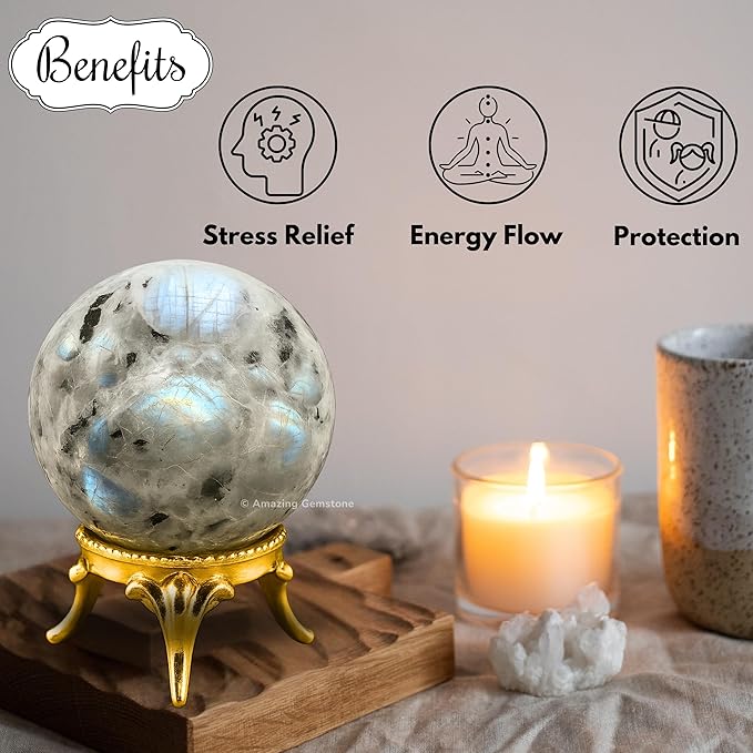 Amazing Gemstone Rainbow Moonstone Crystal Ball with Stand - 1.5 Inches Crystal Sphere Meditation Balls for Witchcraft and Decorative Balls