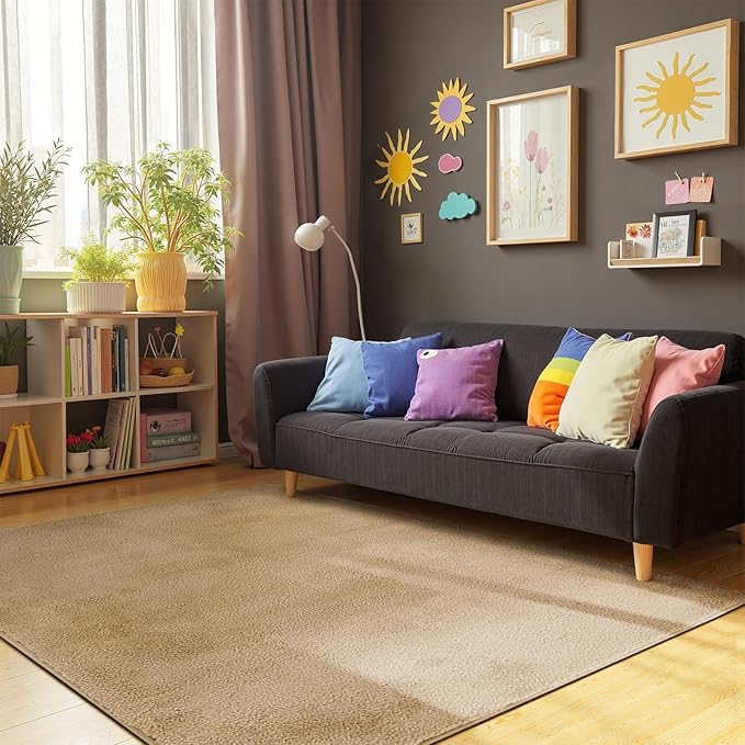 jinchan Solid Plush Area Rug 5x7 Performance Shaggy Washable Rug Indoor Soft Modern Faux Wool Cozy Non Slip Carpet for Living Room Kids Room Bedroom Dining Room Nursery Tan