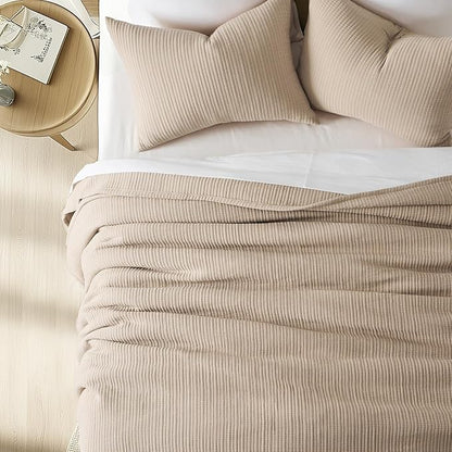 EVERGRACEHOME Cotton Gauze Full Queen Bedspread, Ultra Soft Prewashed Pick Stitch Matelassé Coverlet, Lightweight Textured Oversized Queen Quilt Bedding Set for All Season, with 2 Shams, Tan
