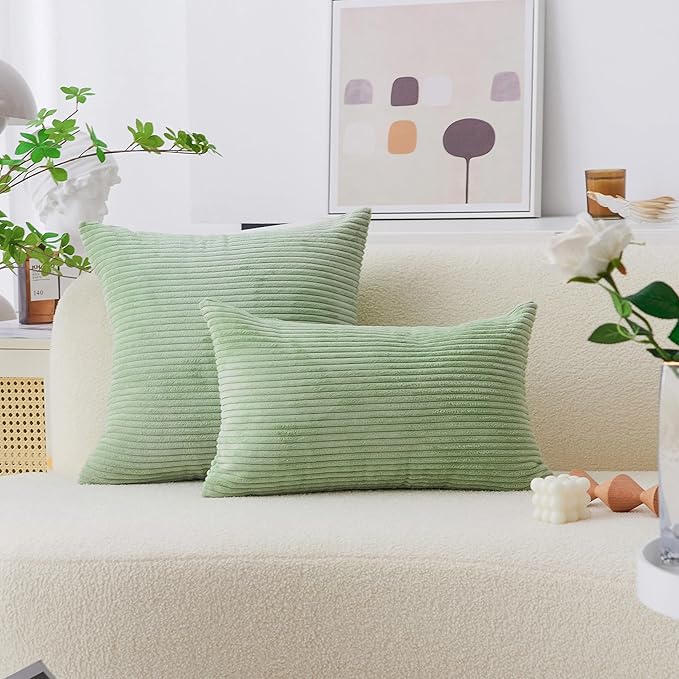 Home Brilliant Throw Pillow Covers 18x18 Solid Plush Corduroy Striped Square Spring Pillow Covers for Couch Set of 2 for Living Room Decor, 18 x 18 Inch, Sage Green