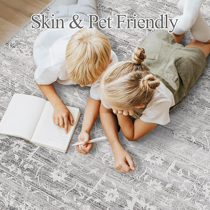 9x12 Area Rug for Living Room, Stain Resistant Washable Rugs for Dining Room, Bedroom, Floral Vintage Non-Slip Grey Rug