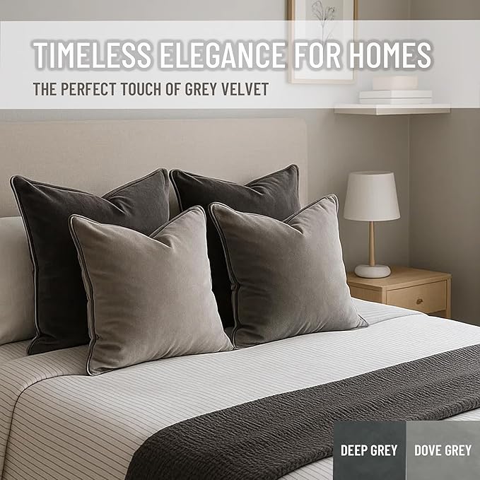 2 Pack Velvet Decorative Throw Pillow Covers, 12"x20", Dove Grey, Solid, Modern, Contrast Piping, Indoor Use, Bedroom & Living Room